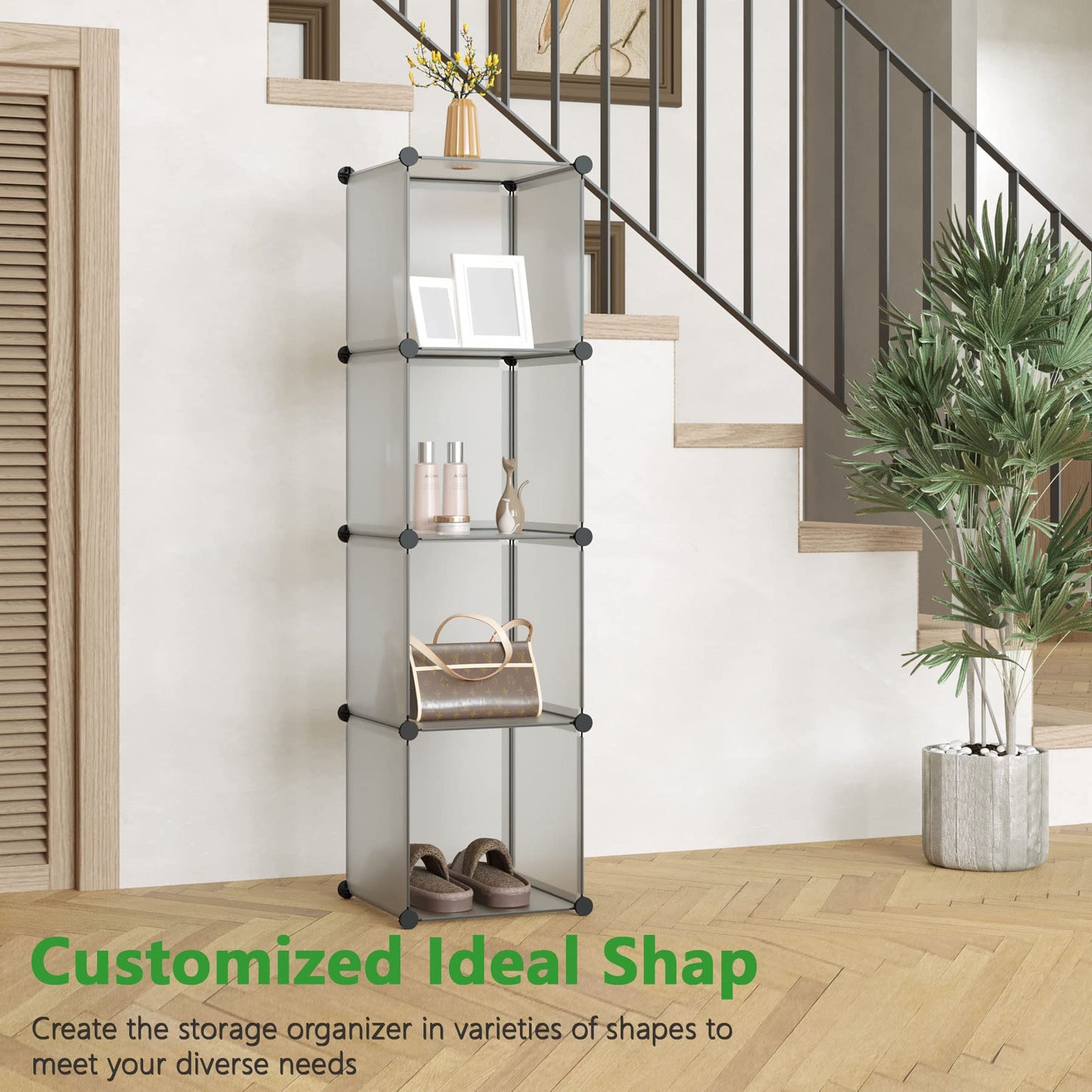 Cube Storage Organizer, 4-Cube Shelves Units, Closet Cabinet, DIY Plastic Modular Book Shelf Ideal for Bedroom, Living Room, Office, 24.8" L x 12.4" W x 24.8" H Grey UPCS04G