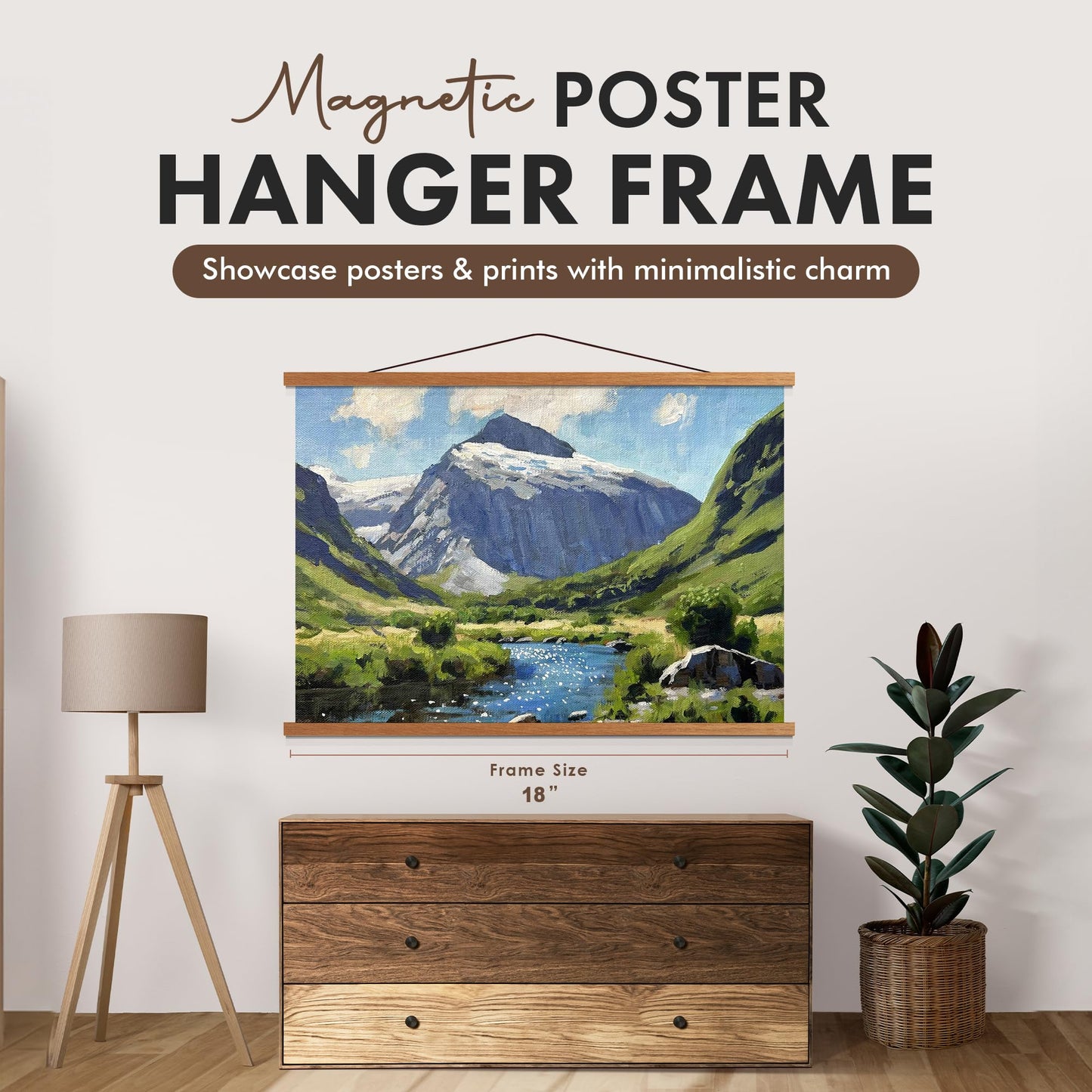 Magnetic Poster Hanger 18” Poster Frame with Strong Magnets, Complete Hanging Kit for Posters, Art, Maps, and More, Fits 18x18, 18x20, 18x24, and 18x30, Teak Wood