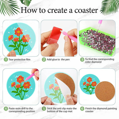 8 Pcs Diamond Art Coasters Kit Not with Holder, Diamond Art Kits for Adults Beginners Small Diamond Painting Coasters, Arts and Crafts for Adults Supplies Item Sets (Flowers)