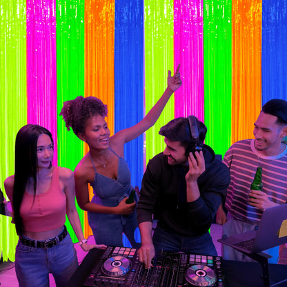 2 Pack Neon Foil Fringe Curtains Glow in The Dark Tinsel Streamers Fluorescent Macaron Foil Fringe Backdrop Neon Party Photo Booth Prop for Glow Birthday Wedding Blacklight Party Decor, 3.3 x 6.6 Ft