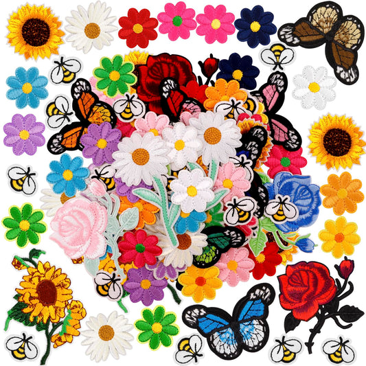 72 Pcs Embroidered Iron On Patches for Clothing, Butterfly Flower Iron On Patches Set, Bee Rose Daisy Embroidered Patches, Applique Patches for Clothes, Jackets, Jeans, Backpacks