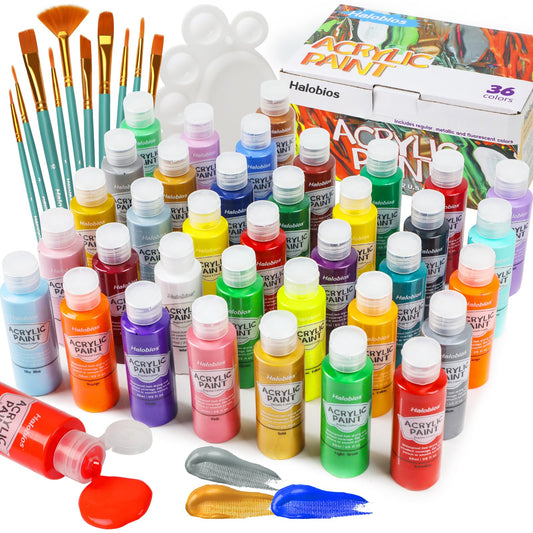 Acrylic Paint Set 36 Colors, Premium Acrylic Paints for Students & Adults, With Fluorescent Colors & Metallic Colors for Painting, Drawing & Art Supplies, DIY Arts and Crafts