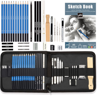 Sketching Pencil Set(34 Pack) - Includes Sketchbook - Zippered Travel Case - Sketch Pencil,Charcoal Pencil,Blending Paper,Eraser - Art Drawing Supplies for Beginner, Kids,Adults