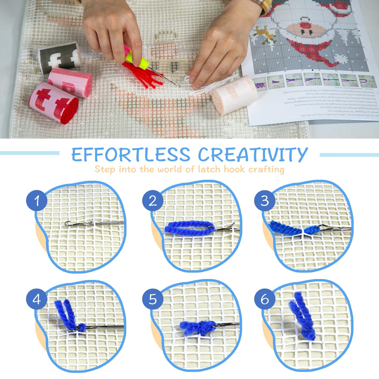 Latch Hook Kit, Christmas Latch Hook Kits for Adults DIY Decorative Pillowcase Embroidery Cross Stitch Arts Craft for Home Sofa Furniture 17X17inch Father Christmas