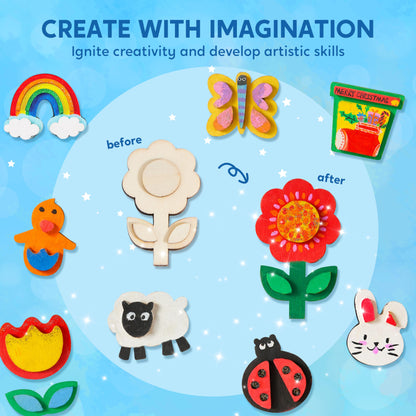 12 Wooden Magnet Creativity Arts & Crafts Painting Kit for Kids, Decorate Your Own Painting Gift for Easter Basket Stuffers, Birthday Parties and Family Crafts, Party Favors for Boys Girls