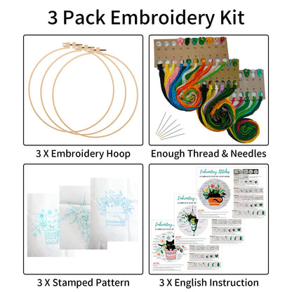 3 Sets Cute Cat Embroidery Kit for Adults Beginners, Stamped Cross Stitch Starter Kits Include Needlepoint Cloth Hoops Needles Threads and Instruction