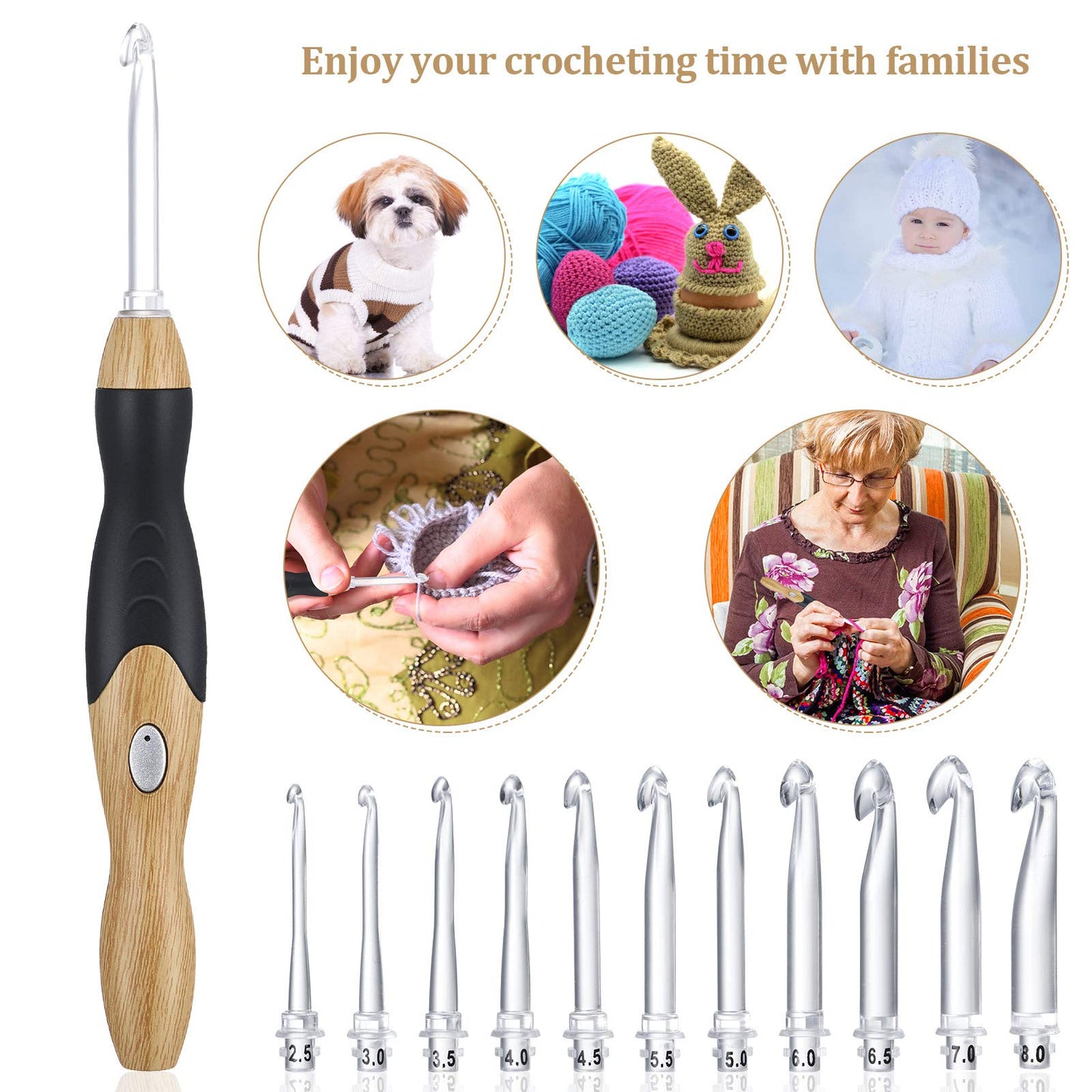 11 Sizes Lighted Crochet Hooks Set Rechargeable Crochet Hook Light Up Hooks with Case, Interchangeable Heads 2.5 mm to 8 mm for DIY Craft Supplies(Wood Color-Black)