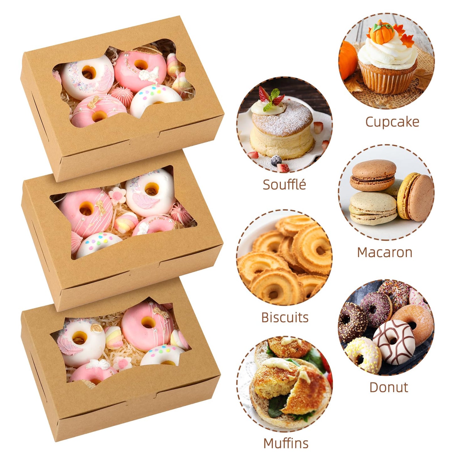 24pcs 8x6x2.5 Inches Cookie Boxes, Bakery Boxes with 3 Style Window, Treat Boxes, Pastry Pie Boxes for Chocolate Strawberries, Donuts, Cupcakes, Muffins and Dessert