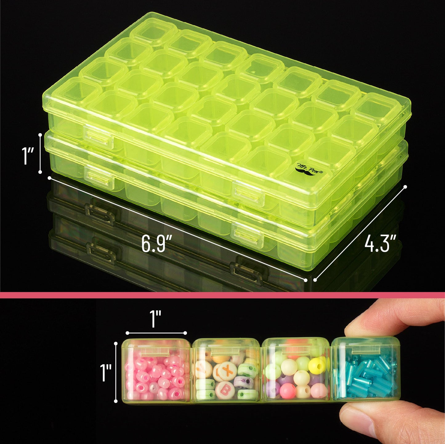 Bead Storage Containers, 28 Grids, 2 Pack, Transparent Green Small Bead Organizer Box