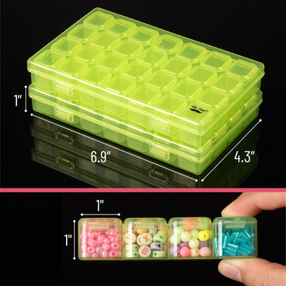 Bead Storage Containers, 28 Grids, 2 Pack, Transparent Green Small Bead Organizer Box