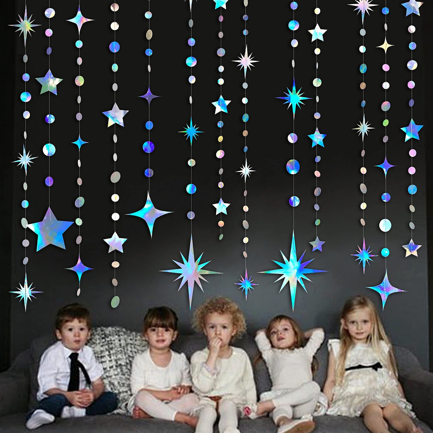 Iridescent Party Decorations Star Circle Dot Paper Garland Banner Bunting Streamer Metallic Hanging Twinkle Star Decoration for Kids Birthday Baby Shower Wedding Festival Engagement Bling Bling Decor
