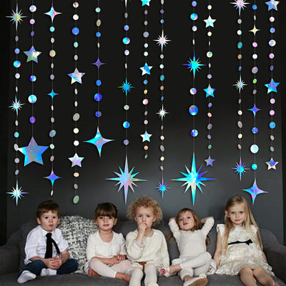 Iridescent Party Decorations Star Circle Dot Paper Garland Banner Bunting Streamer Metallic Hanging Twinkle Star Decoration for Kids Birthday Baby Shower Wedding Festival Engagement Bling Bling Decor