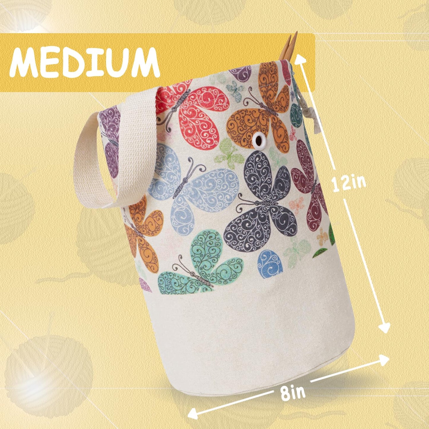 Yarn Bag, Knitting Crochet Bag, Portable Yarn Storage Bags Organizer for Crocheting Project, Store Skein Ball, Short Knitting Needle (Medium, Butterfly)