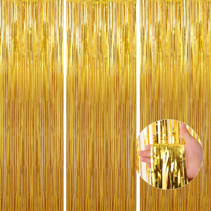 Birthday Party Decorations: 3 Pack 3.3 x 9.9 ft Gold Foil Fringe Curtains Party Supplies, Tinsel Curtain Backdrop for Parties/Birthday/Photo Booth