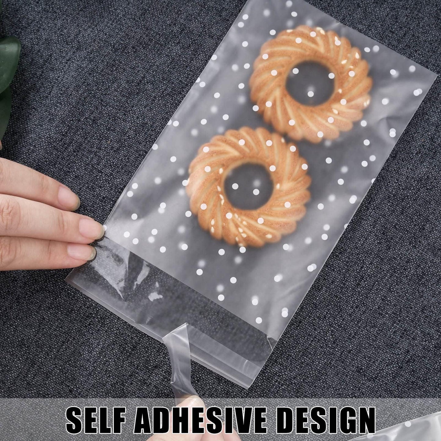200PACK Self Sealing Cellophane Bags Clear Cookie Bags for Gift Giving Treat bag for Packaging Cookies, Candy, Gifts (White Polka Dot, 4x4Inches)