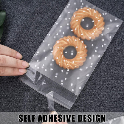 200PACK Self Sealing Cellophane Bags Clear Cookie Bags for Gift Giving Treat bag for Packaging Cookies, Candy, Gifts (White Polka Dot, 4x4Inches)