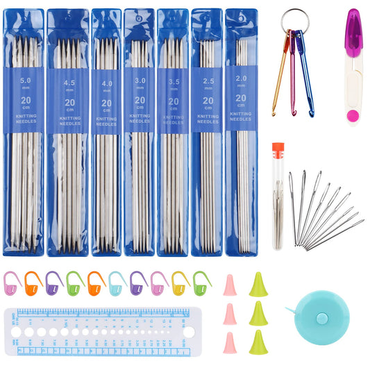 Double Pointed Knitting Needles Set 7.9", 35 PCS Stainless Steel Straight Knitting Needles 2.0mm-5.0mm, Double Ended Sweater Knitting Set Knitting Needle Kit with Knitting & Crochet Supplies