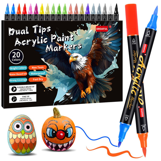 Acrylic Paint Pens Markers, 20 Colors Dual Tips Waterproof Paint Markers For Rock Painting, Fabric, Metal, Glass, Wood, Canvas, Ceramic, Plastic, Non-Toxic & Odor, Premium Art And DIY Craft Supplies