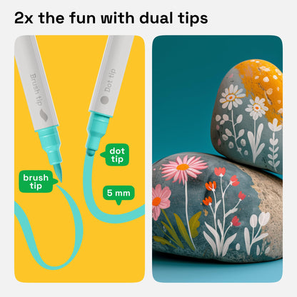 24 Acrylic Paint Markers for Fabric, Rocks, Paper, Wood, Canvas, Glass, DIY - Safe for Kids Dual Tip Acrylic Paint Pens (Dual Tip Dot + Brush, 24)