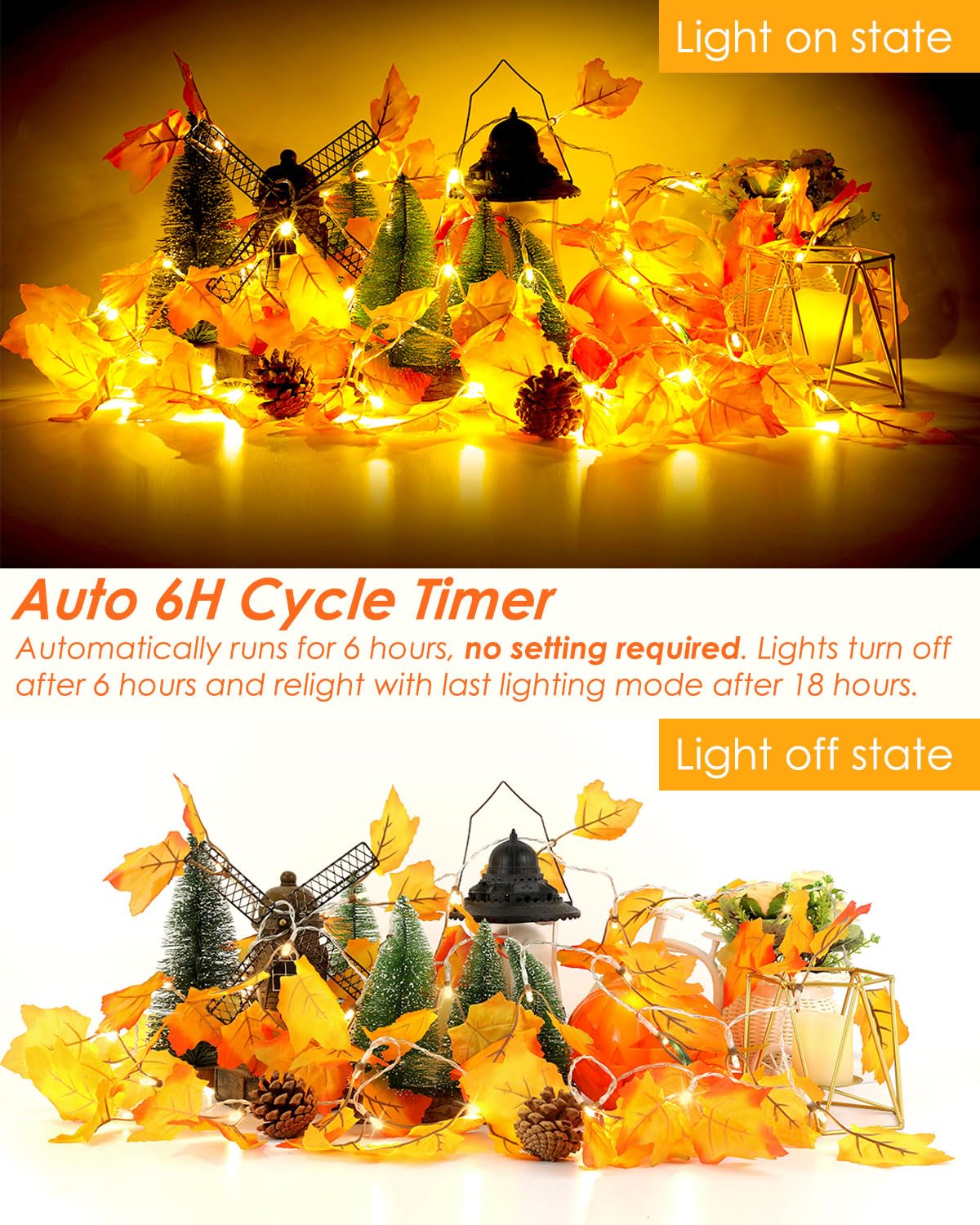 8 Lighting Modes & Timer Fall Decorations for Home Maple Leaf Garland with Lights 40LED Battery Operated Waterproof String Lights, Thanksgiving Halloween Fall Decor Indoor Outdoor Autumn