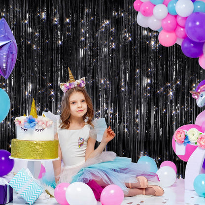 2 Pack Black Metallic Tinsel Foil Fringe Curtains, Door Streamers Photo Booth Backdrop for Birthday Party, Tinsel Curtain Backdrop for Baby Shower Bachelorette Christmas Party Decorations