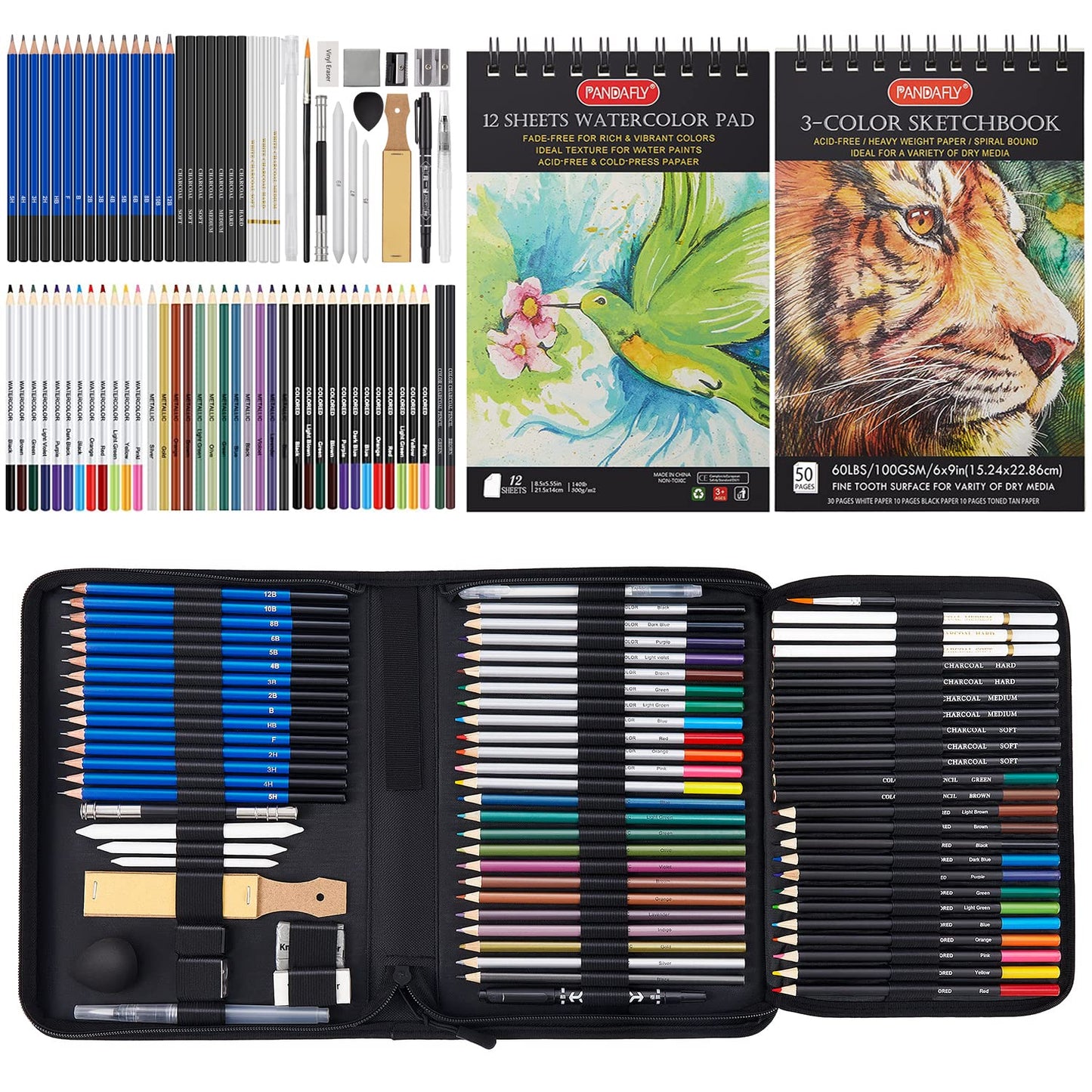 80 Pack Drawing Set Sketching Kit, Pro Art Supplies with 3-Color Sketchbook, Watercolor Pad, Colored, Graphite, Charcoal, Metallic Pencil, for Artist Adults Kids Beginner