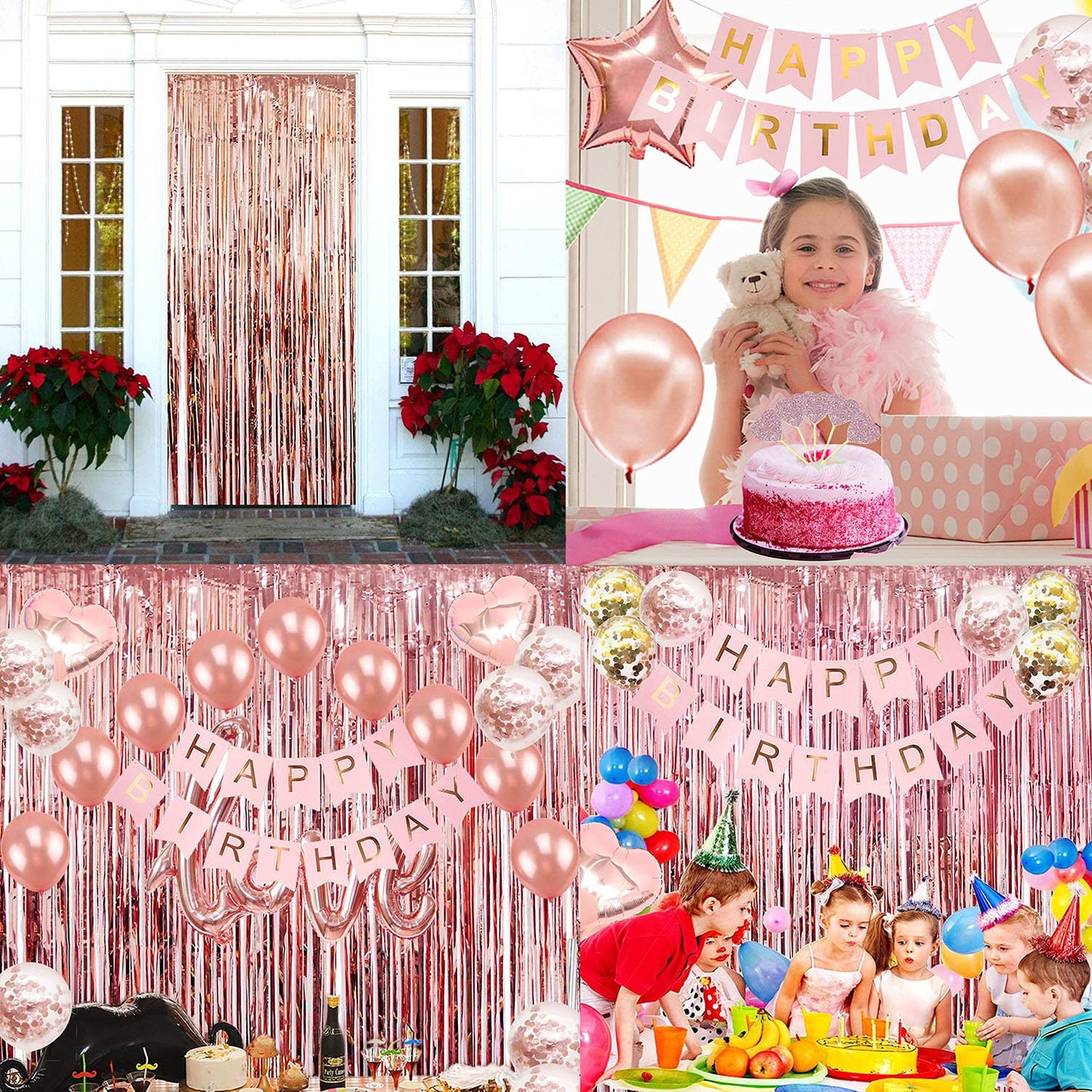 Rose Gold Birthday Party Decorations, Happy Birthday Banner, Rose Gold Fringe Curtain, Heart Star Foil Confetti Balloons, Hanging Swirls for Women Girls Birthdays Princess Party