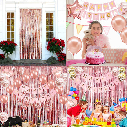 Rose Gold Birthday Party Decorations, Happy Birthday Banner, Rose Gold Fringe Curtain, Heart Star Foil Confetti Balloons, Hanging Swirls for Women Girls Birthdays Princess Party