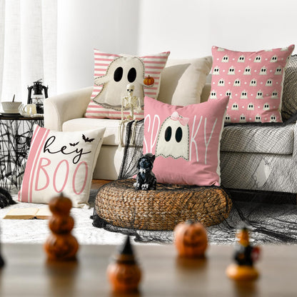 Halloween Hey Boo Cute Ghost Spooky Pink Throw Pillow Covers, 18 x 18 Inch Horror Scary Cushion Case for Sofa Couch Set of 4