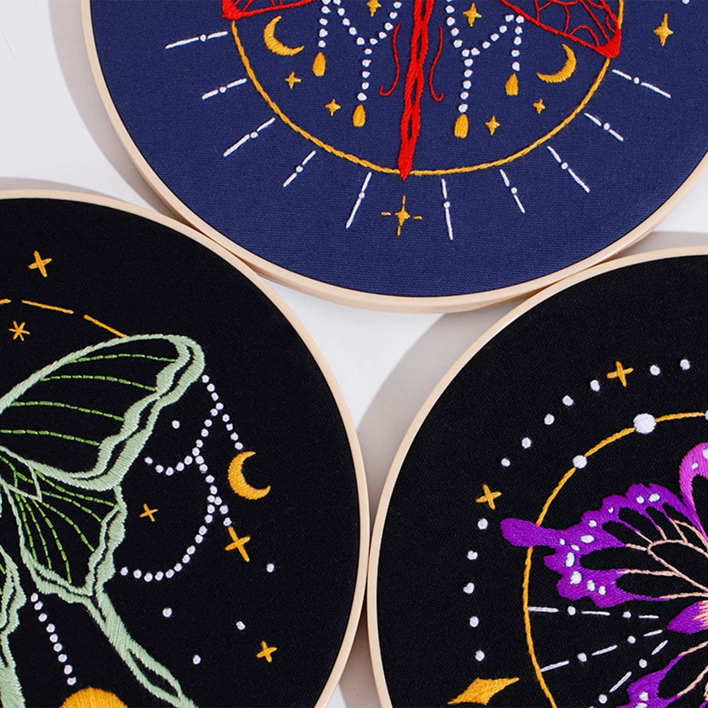 3 Set Tarot Embroidery Kits for Beginners with Moon Butterfly Dragonfly and Moth Pattern,Adults Starter Cross Stitch Kit DIY Needlepoint