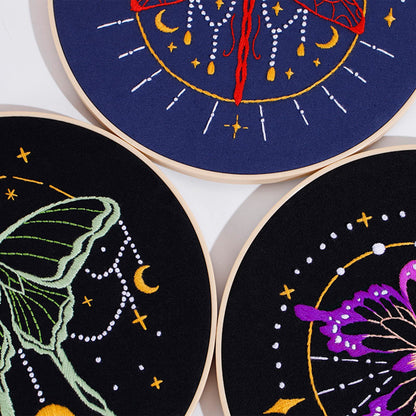 3 Set Tarot Embroidery Kits for Beginners with Moon Butterfly Dragonfly and Moth Pattern,Adults Starter Cross Stitch Kit DIY Needlepoint