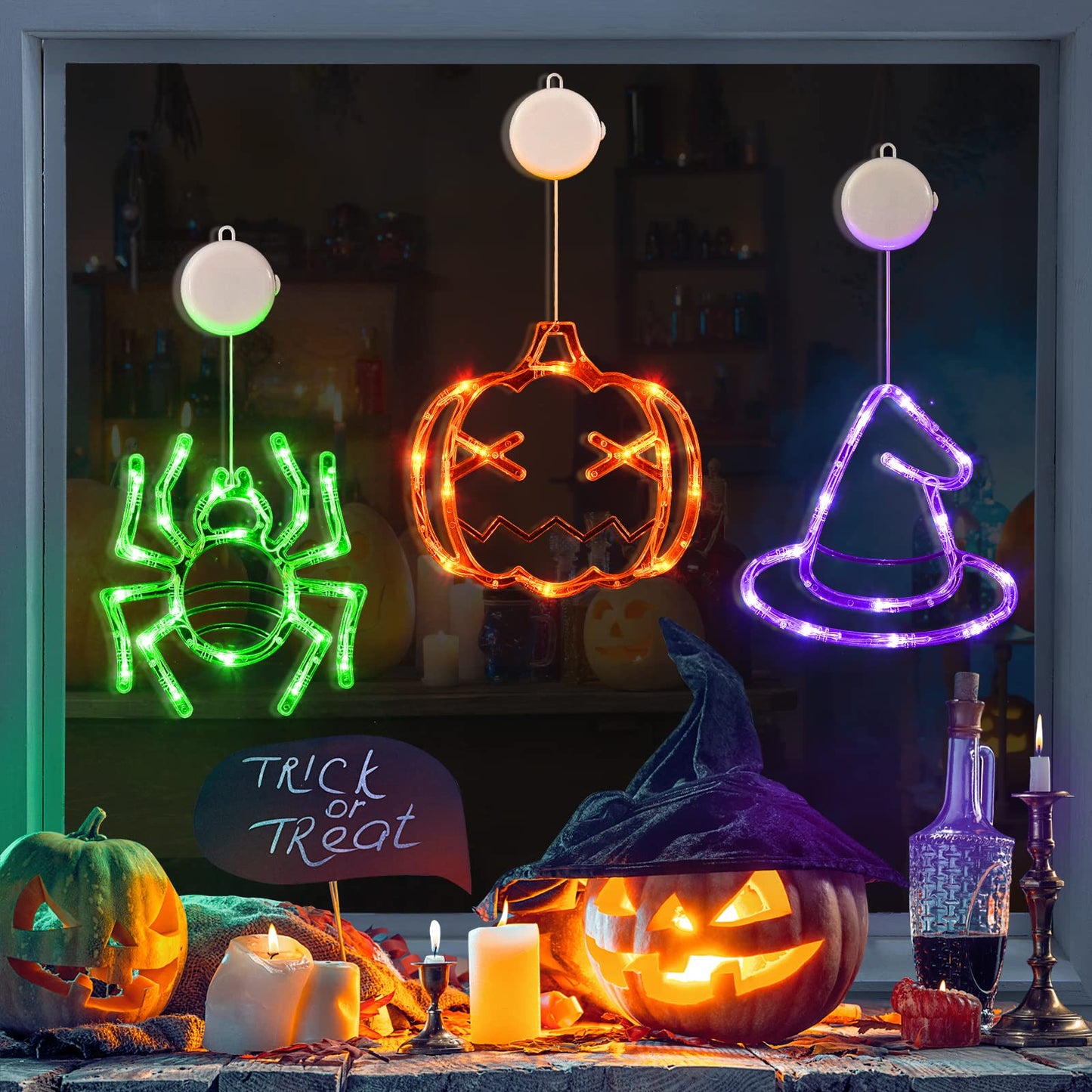 Halloween Decorations 3 Pack - Orange Pumpkin, Green Spider, Purple Witch Hat Window Lights With Suction Cup - Battery Operated, Upgrade Slow Fade Mode, Timer Function