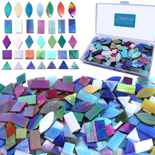 Iridescent Glass Mosaic Tiles for Crafts, 240 Pieces 5 Shapes Mixed Stained Glass Sheets, Mosaic Kits for Adults (Iridescent Mix)