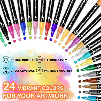 24 Colors Dual Tip Acrylic Paint Pens for Rock Painting, Wood, Canvas, Stone, Glass, Ceramic Surfaces, DIY Crafts Making Art Supplies (Round Tip and Fine Tip)