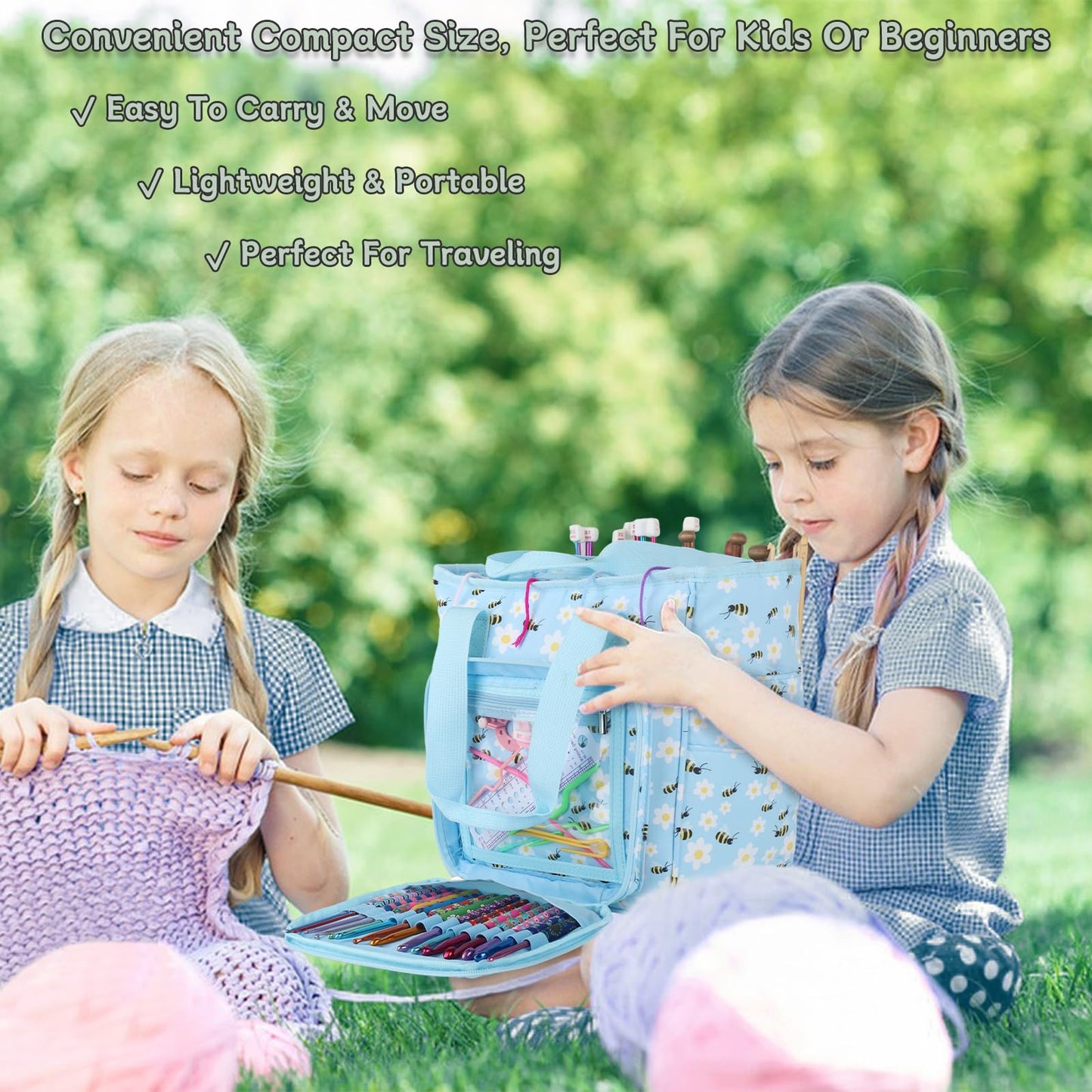 Portable Crochet Bag Organizer, Yarn Storage Organizers and Storage Organized for Crochet Hooks, Knitting Needles, Skeins of Yarn, Knitting & Crochet Supplies, Bees & Flowers (No Accessories)