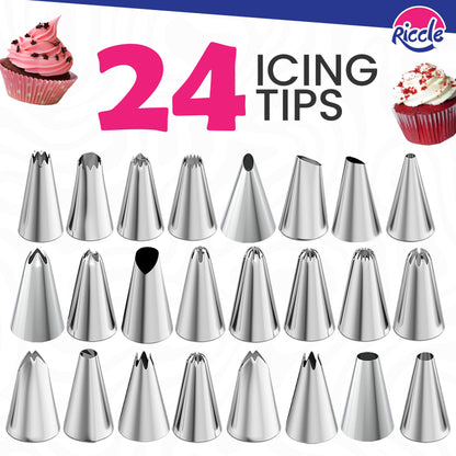 94 pcs Cake Decorating Kit with Cake Turntable - Includes 50pcs 16 Inch Disposable + 2 Reusable Piping Bags and Tips Set, 24 Icing Piping Tips, 2 Spatulas, 3 Icing Comb Scraper, 6 Cake Liners