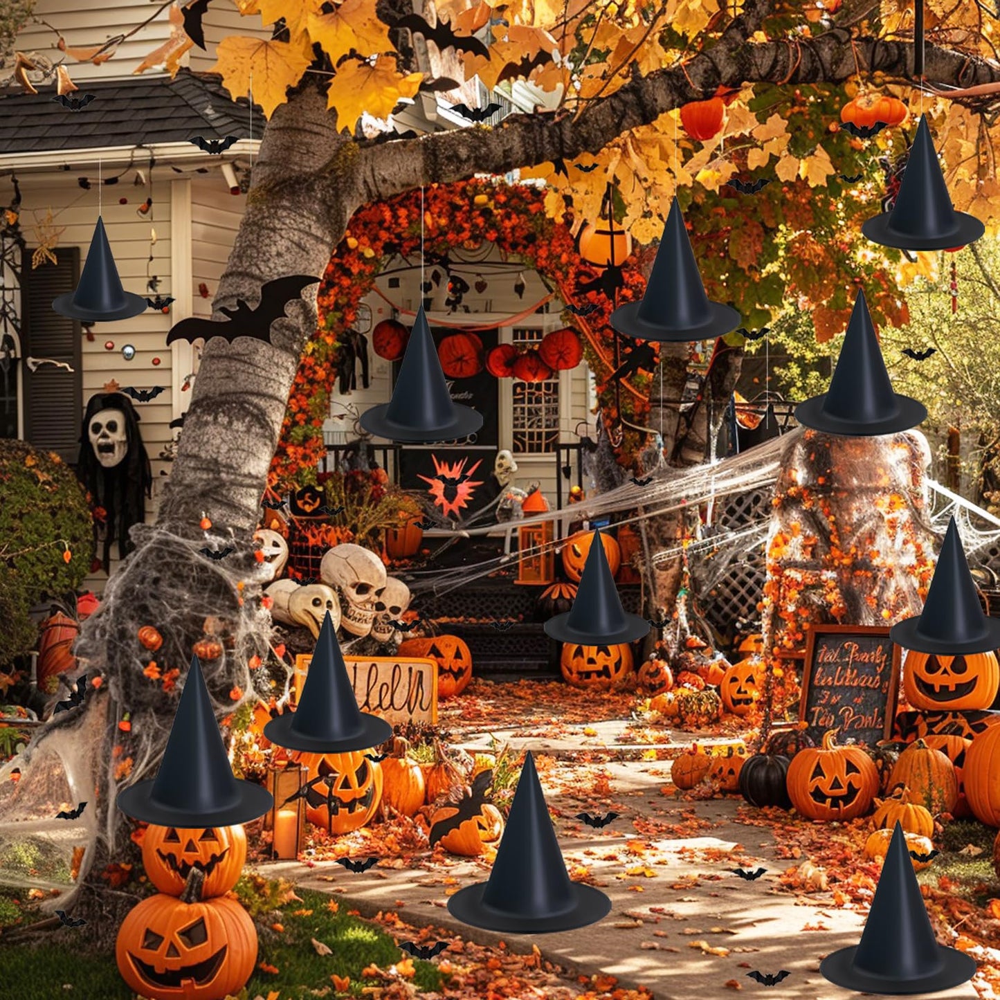 Witch hats 8 Pack Halloween Witches Hat with 108 Feet Hanging Rope & 32Pcs 3D Bats, Hanging Witch Hats Halloween Decor Witches Costume Accessory for Party Favor