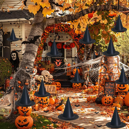 Witch hats 8 Pack Halloween Witches Hat with 108 Feet Hanging Rope & 32Pcs 3D Bats, Hanging Witch Hats Halloween Decor Witches Costume Accessory for Party Favor