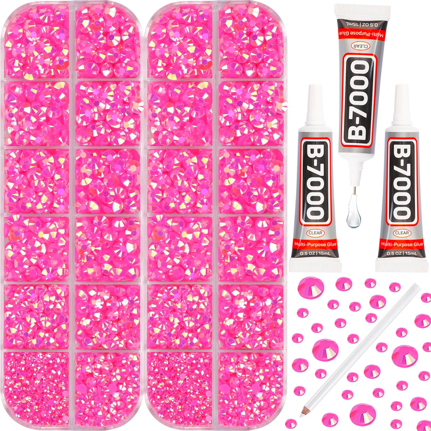 11000Pcs Jelly Hot Pink AB Rhinestones with b7000 Glue for Crafts Clothing Clothes Fabric Tumblers, Bright Pink Gems Resin Flatback Rhinestones for Shoes Nails, Flat Back Bedazzler Kit ss 6-ss 20