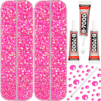 11000Pcs Jelly Hot Pink AB Rhinestones with b7000 Glue for Crafts Clothing Clothes Fabric Tumblers, Bright Pink Gems Resin Flatback Rhinestones for Shoes Nails, Flat Back Bedazzler Kit ss 6-ss 20