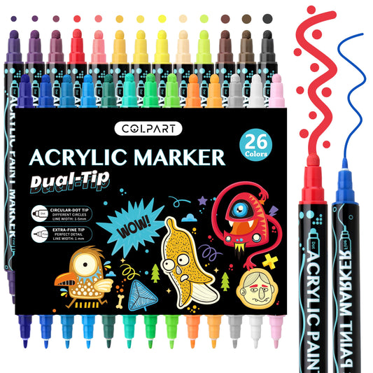 26 Colors Acrylic Paint Markers，Dual Tip Acrylic Paint Pens for Rock Painting Wood Canvas Plastic Metal Stone, Acrylic Markers For DIY Crafts Making Art Supplies