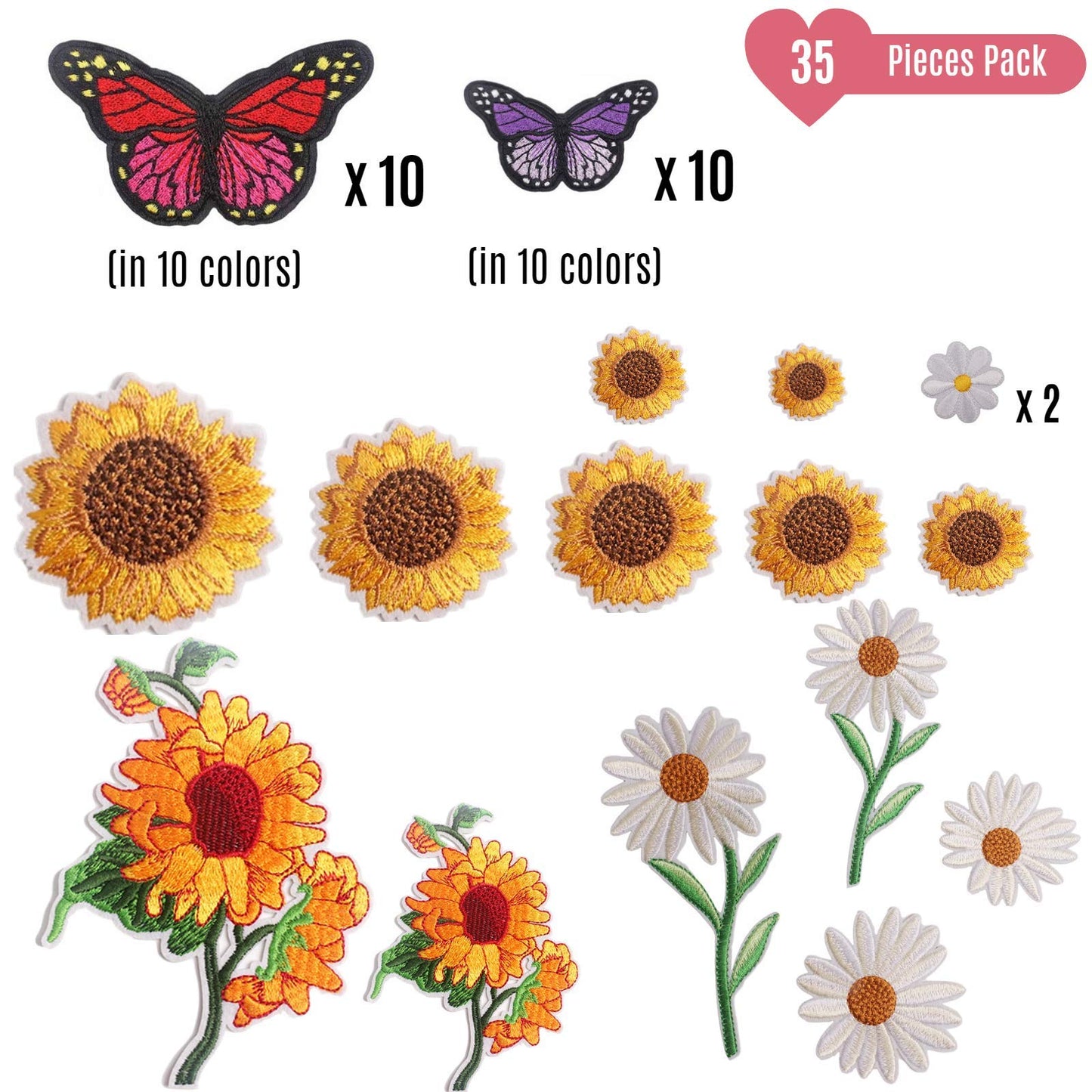 35 Pieces Embroidered Iron on Patch for Clothing, NNHOM only.Sunflowers Butterfly Iron On Patches Set,Large Size Cute Decoration Embroidered Patches Pack for Jeans,Bags, Clothing