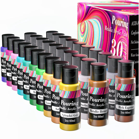 Metallic Acrylic Pouring Paint, Set of 30 Metallic Colors Fluid acrylic paint, Pre-Mixed High Flow & Ready to Pour(30x 2 oz./ 60 ml) for Easter Decorations, Canvas & Paper, Rocks, Wood, and More
