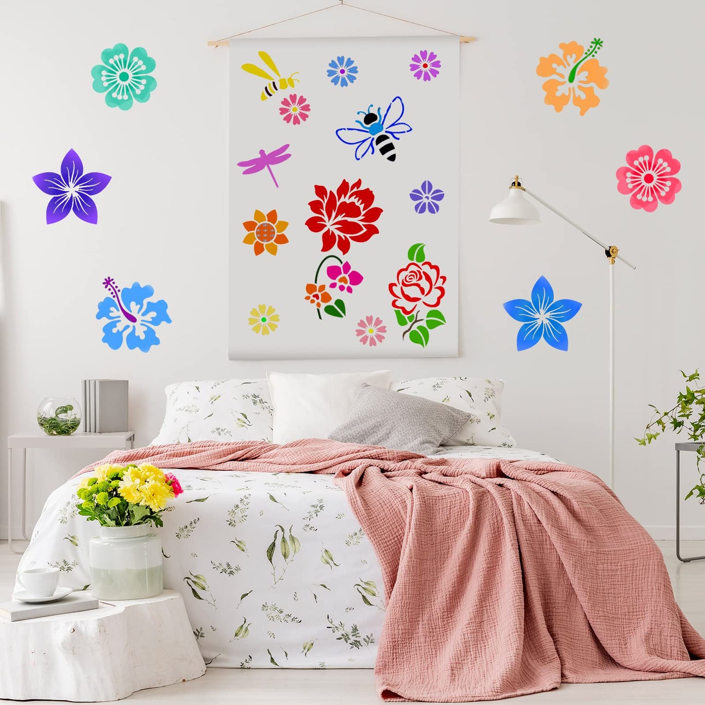 16 Pieces Stencil for Painting Sunflower Butterfly Floral Stencil Spring Summer Large Reusable Hummingbird Painting Templates and Metal Open Ring for DIY Craft on Wood Wall Home Decor(5.1 x 5.1 Inch)