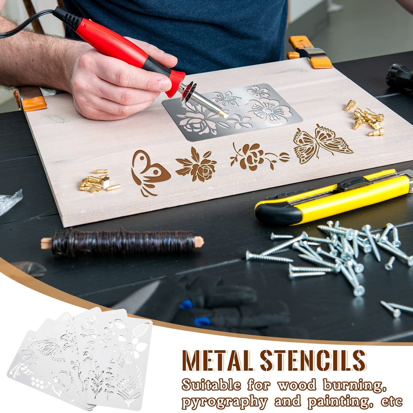 6 Pcs Mixed Metal Stencil Wood Stencil Templates Stencils for Journaling Burning Stencils for Wood Carving Drawing Engraving Scrapbooking Journal Craft DIY(Plant Style)
