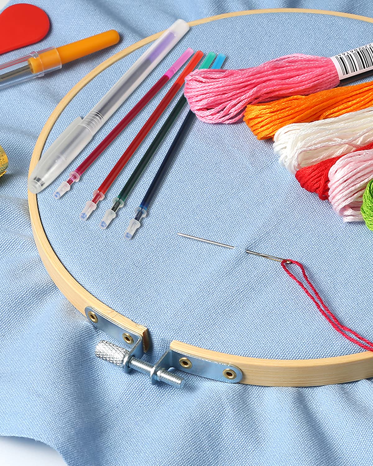 10 Pieces Embroidery Fabric, Including 10 Colors Embroidery Cotton Fabric, 5 Colors Water-Soluble Pens, 7.9 by 7.9 Inch