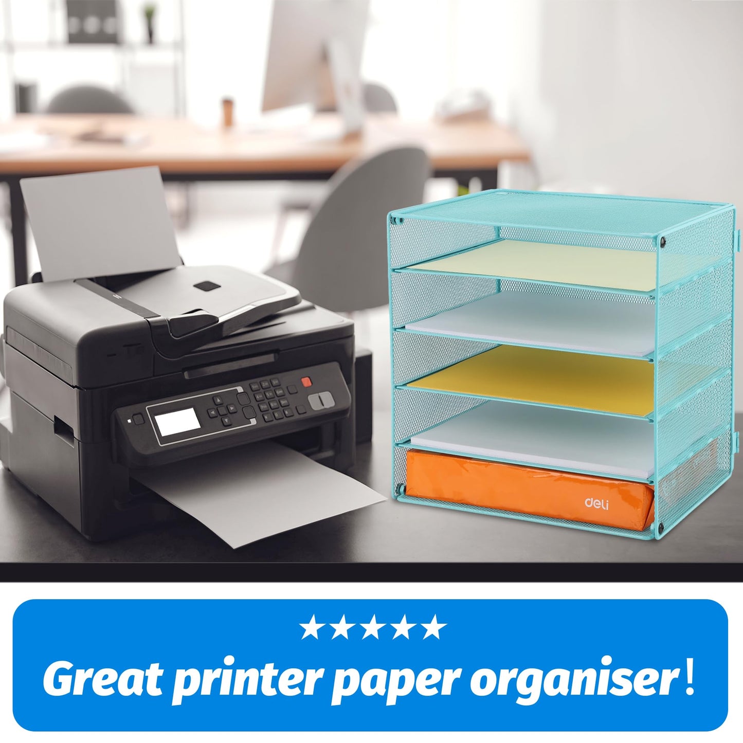 5 Slot Mesh Desk Organizer Tray, File Paper Letter Folder Holder Desktop Paper Sorter Mail Organization Rack Storage Accessories, for Office Home School Classroom, Blue