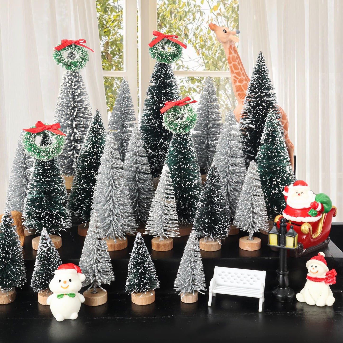 Mini Miniature Christmas Pine Tree Bottle Brush Trees Wooden Bases Tree for Your Village Desktop Xmas Holiday Party (Silver/Green 30pcs)