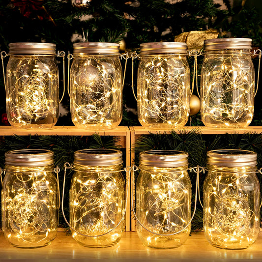 8 Pack Solar Mason Jar Lights Lanterns,Jars & Hangers Included，30LED Waterproof Hanging Outdoor Fairy Lights for Patio Garden Porch Yard Backyard Balcony Wedding(Warm White)