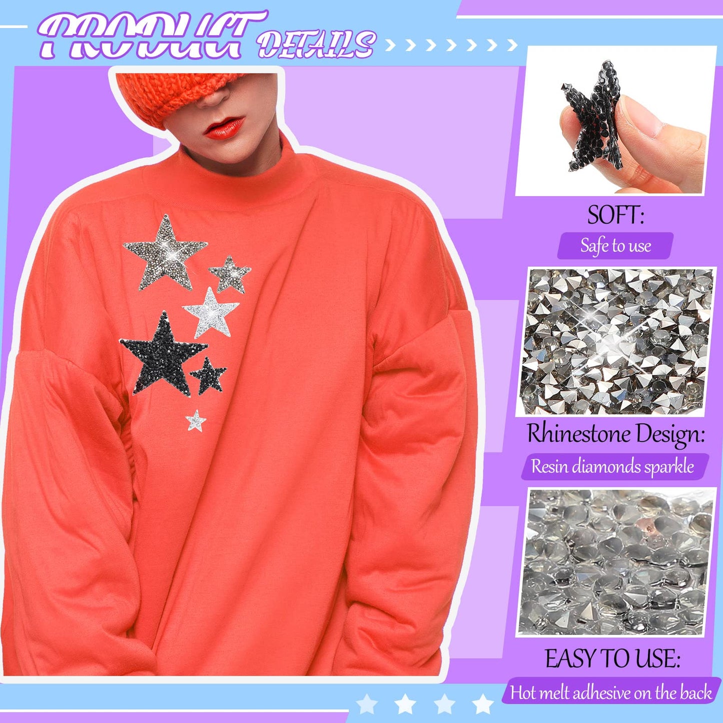 60 Pcs Iron on Star Patches Star Shaped Rhinestone Appliques Adhesive Glitter Patches Rhinestone Appliques Embellishments for DIY(Black, Gray)